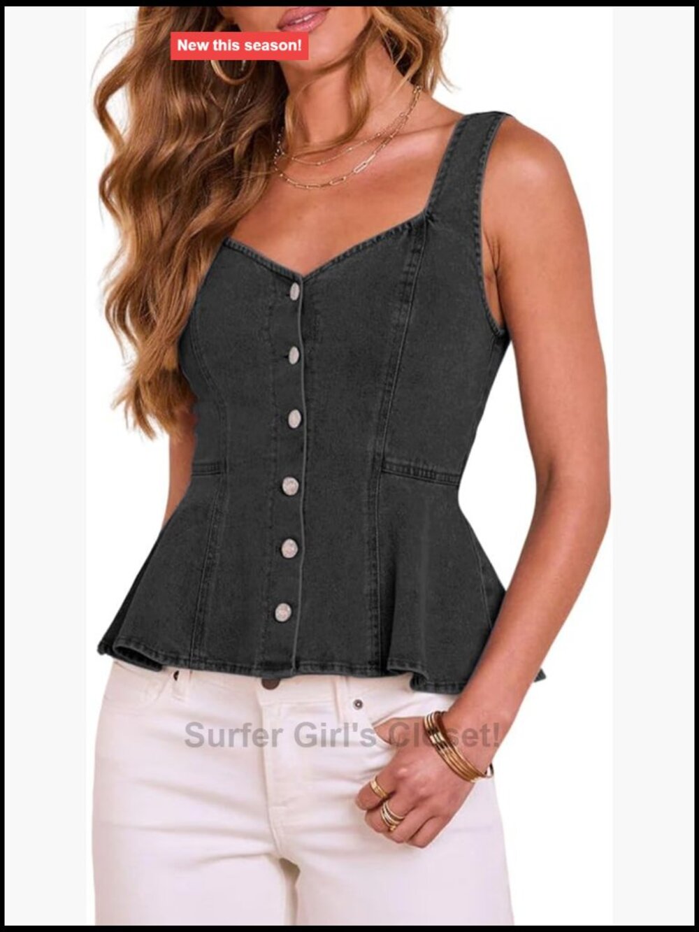 Women's Denim Tank Top Sleeveless Sweetheart Neckline Peplum Button Down Fitted